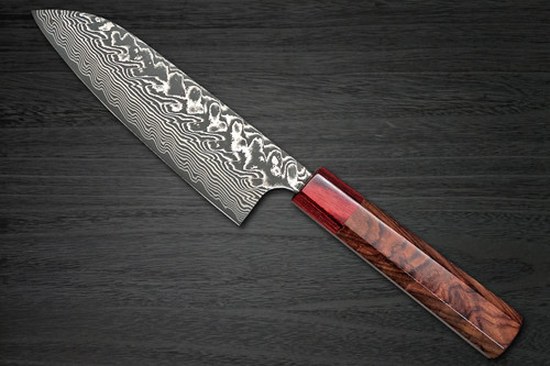 Yoshimi Kato R2 Black Damascus RS8R Japanese Chef's Santoku Knife 170mm with Red-Ring Octagonal Honduran Rosewood Handle 