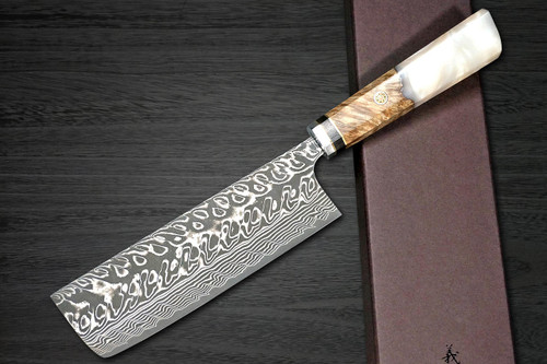 Yoshimi Kato R2 Black Damascus REWOK Japanese Chefs NakiriVegetable 165mm with Metal-Ring Oak White-Resin Handle