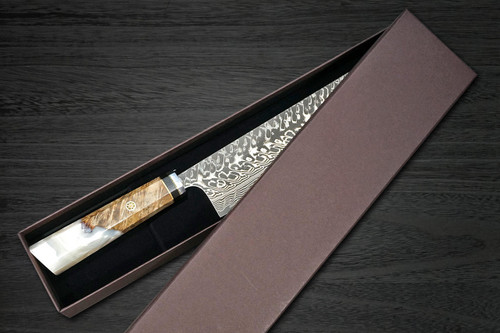 Yoshimi Kato R2 Black Damascus REWOK Japanese Chefs NakiriVegetable 165mm with Metal-Ring Oak White-Resin Handle