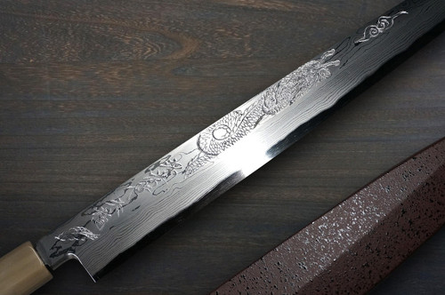 Sakai Takayuki Tenryu Damascus Aogami 2 steel Japanese Chefs YanagibaSashimi 270mm Dragon No.5 Engraved with Red Ebony Handle and Saya Sheath