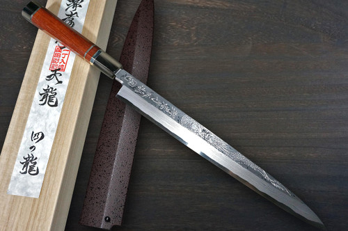 Sakai Takayuki Tenryu Damascus Aogami 2 steel Japanese Chefs YanagibaSashimi 300mm Dragon No.4 Engraved with Red Ebony Handle and Saya Sheath