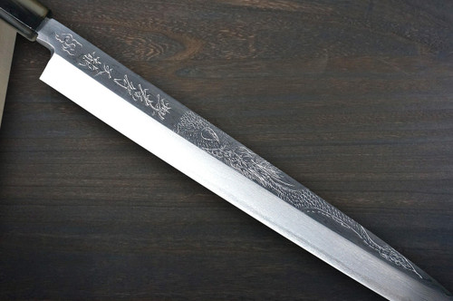 Sakai Takayuki Tenryu Damascus Aogami 2 steel Japanese Chefs YanagibaSashimi 300mm Dragon No.4 Engraved with Red Ebony Handle and Saya Sheath