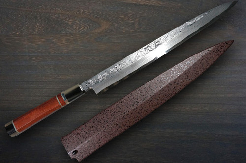 Sakai Takayuki Tenryu Damascus Aogami 2 steel Japanese Chefs YanagibaSashimi 300mm Dragon No.4 Engraved with Red Ebony Handle and Saya Sheath