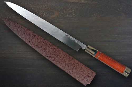 Sakai Takayuki Tenryu Damascus Aogami 2 steel Japanese Chefs YanagibaSashimi 300mm Dragon No.4 Engraved with Red Ebony Handle and Saya Sheath