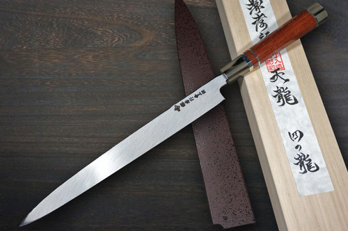 Sakai Takayuki Tenryu Damascus Aogami 2 steel Japanese Chefs YanagibaSashimi 300mm Dragon No.4 Engraved with Red Ebony Handle and Saya Sheath