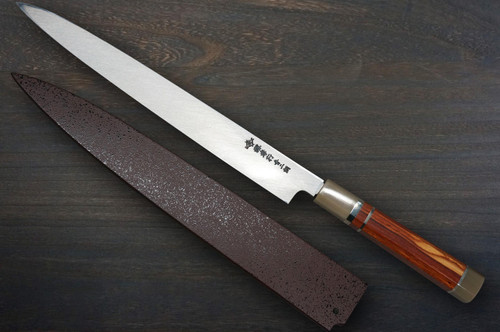 Sakai Takayuki Tenryu Damascus Aogami 2 steel Japanese Chefs YanagibaSashimi 300mm Dragon No.5 Engraved with Red Ebony Handle and Saya Sheath