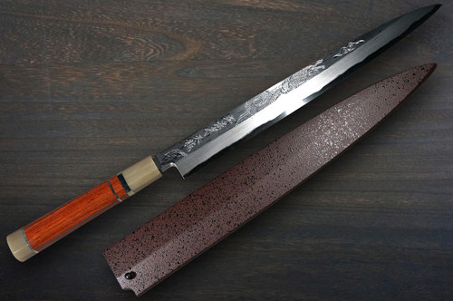 Sakai Takayuki Tenryu Damascus Aogami 2 steel Japanese Chefs YanagibaSashimi 300mm Dragon No.5 Engraved with Red Ebony Handle and Saya Sheath