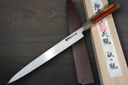 Sakai Takayuki Tenryu Damascus Aogami 2 steel Japanese Chefs YanagibaSashimi 300mm Dragon No.5 Engraved with Red Ebony Handle and Saya Sheath