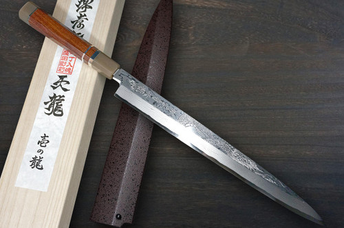 Sakai Takayuki Tenryu Damascus Aogami 2 steel Japanese Chefs YanagibaSashimi 330mm Dragon No.1 Engraved with Red Ebony Handle and Saya Sheath