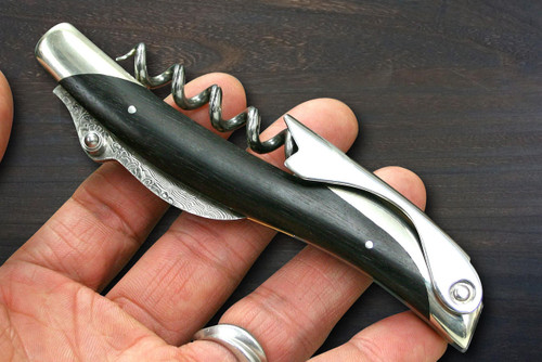 ATHRO Sommelier Waiters Corkscrew 101-Layer Damascus Wine Opener with Strong Stainless Steel Foil Cutter and Bottle Opener Ebony Handle AT-013