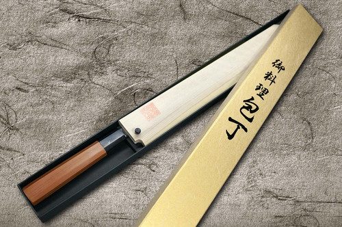 Yoshihiro White No.2 Honyaki MtFuji-Art AFHY Water-Quenched Japanese Chefs Kiritsuke-YanagibaSashimi 300mm with Saya Sheath and Yew Handle
