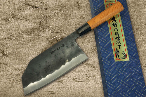 Sakai Takayuki Tokujyo Supreme White 2 steel Kurouchi Wide Bunka Knife 180mm with Yew and Buffalo Handle