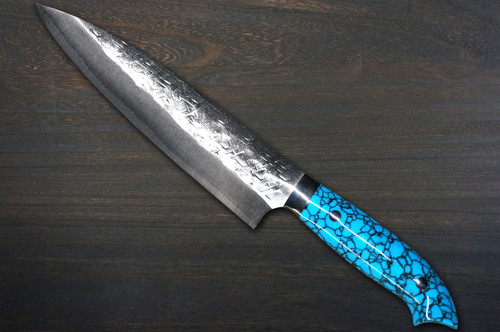 Takeshi Saji SRS13 Mirror Hammered NNM Japanese Chef's Gyuto Knife 210mm with Blue Turquoise Handle Nomura Special 