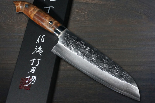 Takeshi Saji SRS13 Mirror Hammered Nomura Special Japanese Chefs Santoku Knife 180mm with Karin Lump Handle