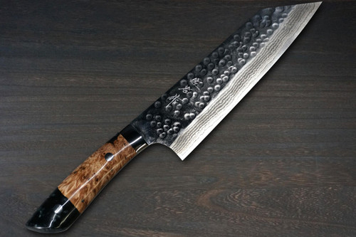 Takeshi Saji SRS13 Mirror Hammered Damascus STW Japanese Chefs Bunka Knife 180mm Bottle-Green Stabilized Hybrid Resin Handle