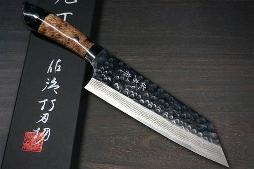 Takeshi Saji SRS13 Mirror Hammered Damascus STW Japanese Chefs Bunka Knife 180mm Bottle-Green Stabilized Hybrid Resin Handle