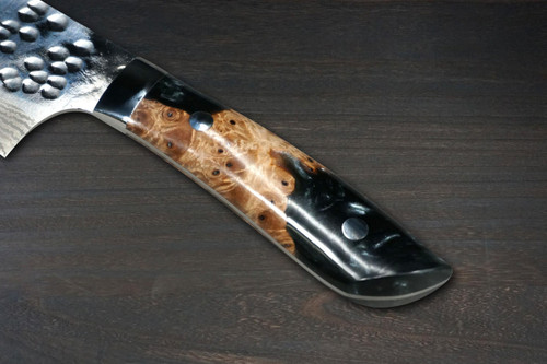 Takeshi Saji SRS13 Mirror Hammered Damascus STW Japanese Chefs Bunka Knife 180mm Bottle-Green Stabilized Hybrid Resin Handle
