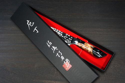 Takeshi Saji SRS13 Mirror Hammered Damascus STW Japanese Chefs Bunka Knife 180mm Bottle-Green Stabilized Hybrid Resin Handle