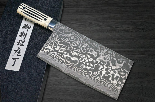 Takeshi Saji R2(SG2) Black Damascus DHW Japanese Chef's Chinese Cooking Knife 220mm with White Antler Handle 
