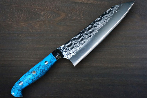 Yu Kurosaki R2SG2 Hammered SENKO-EI Custom TCA Japanese Chefs Bunka Knife 165mm with Blue Turquoise Handle