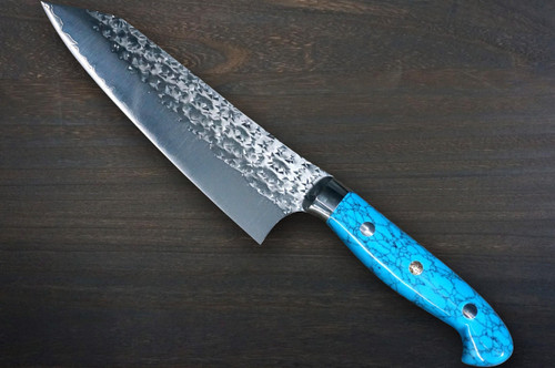 Yu Kurosaki R2SG2 Hammered SENKO-EI Custom TCA Japanese Chefs Bunka Knife 165mm with Blue Turquoise Handle