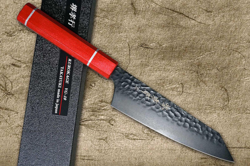 Sakai Takayuki Non-Stick Coating VG10 Hammered WA KUROKAGE Japanese Chefs Kengata-Santoku Knife 160mm with Japanese Lacquered Oak Handle KOUSEKI