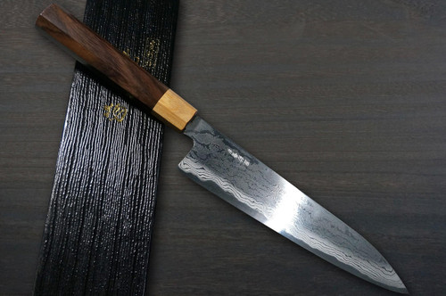 Takayuki Iwai Aogami No.2 Damascus FUMON RS8P Japanese Chef's Gyuto Knife 180mm with White-Ring Octagonal Handle 