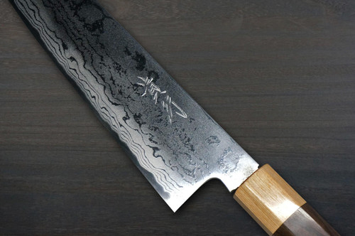 Takayuki Iwai Aogami No.2 Damascus FUMON RS8P Japanese Chef's Gyuto Knife 180mm with White-Ring Octagonal Handle 