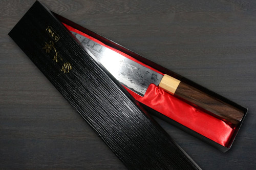 Takayuki Iwai Aogami No.2 Damascus FUMON RS8P Japanese Chef's Gyuto Knife 180mm with White-Ring Octagonal Handle 