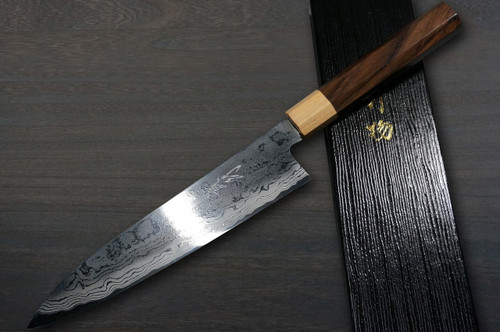 Takayuki Iwai Aogami No.2 Damascus FUMON RS8P Japanese Chef's Gyuto Knife 180mm with White-Ring Octagonal Handle 