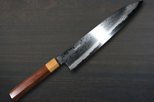Takayuki Iwai Aogami No.2 Damascus FUMON RS8P Japanese Chef's Gyuto Knife 240mm with White-Ring Octagonal Handle 