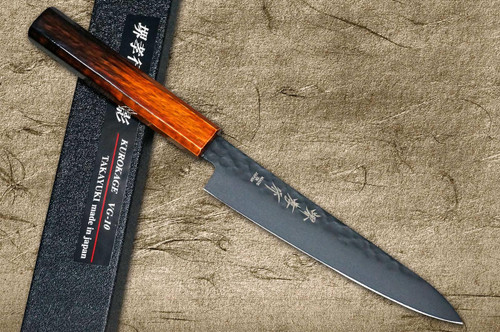 Sakai Takayuki Non-Stick Coating VG10 Hammered WA KUROKAGE Japanese Chef's Petty Knife(Utility) 150mm with Japanese Lacquered Gloss Oak Handle 