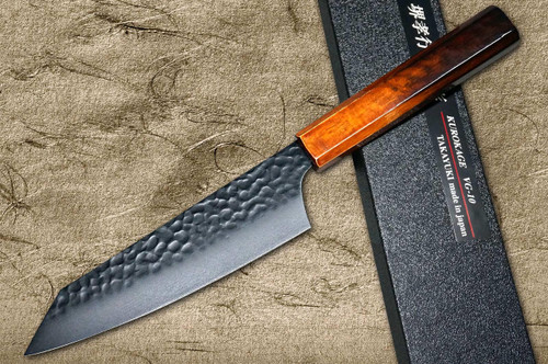 Sakai Takayuki Non-Stick Coating VG10 Hammered WA KUROKAGE Japanese Chef's Kengata-Santoku Knife 160mm with Japanese Lacquered Gloss Oak Handle 
