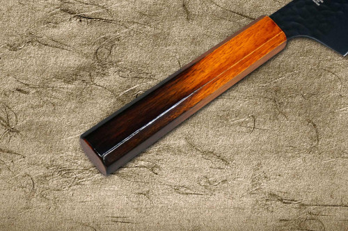 Sakai Takayuki Non-Stick Coating VG10 Hammered WA KUROKAGE Japanese Chef's Kengata-Santoku Knife 160mm with Japanese Lacquered Gloss Oak Handle 