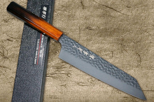 Sakai Takayuki Non-Stick Coating VG10 Hammered WA KUROKAGE Japanese Chef's Kengata-Gyuto Knife 190mm with Japanese Lacquered Gloss Oak Handle 