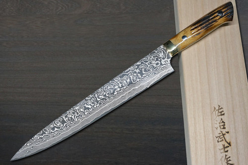 Takeshi Saji R2(SG2) Black Damascus DHM Japanese Chef's Slicer(Sujihiki) 270mm with Brown Antler Handle 