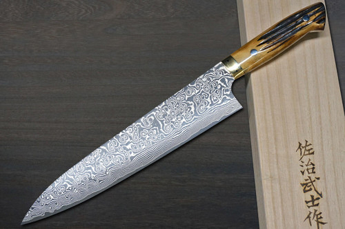 Takeshi Saji R2(SG2) Black Damascus DHM Japanese Chef's Gyuto Knife 240mm with Brown Antler Handle 