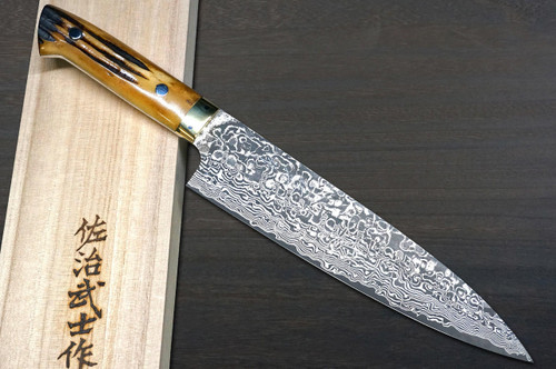 Takeshi Saji R2(SG2) Black Damascus DHM Japanese Chef's Gyuto Knife 180mm with Brown Antler Handle 