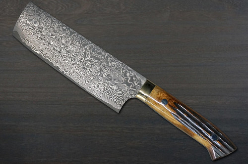 Takeshi Saji R2(SG2) Black Damascus DHM Japanese Chef's Nakiri(Vegetable) 170mm with Brown Antler Handle 