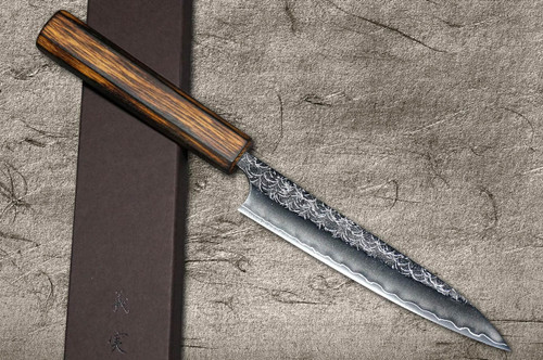 Yoshimi Kato R2 MINAMO Hammered OK8B Japanese Chef's Petty Knife(Utility) 150mm with Urushi Lacquered Oak Handle Dark Brown 