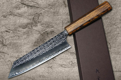 Yoshimi Kato R2 MINAMO Hammered OK8B Japanese Chef's Bunka Knife 170mm with Urushi Lacquered Oak Handle Dark Brown 