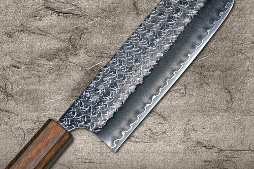 Yoshimi Kato R2 MINAMO Hammered OK8B Japanese Chef's Nakiri(Vegetable) 165mm with Urushi Lacquered Oak Handle Dark Brown 