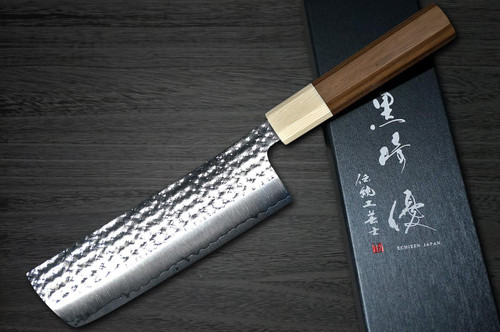 Yu Kurosaki R2(SG2) Hammered SENKO-EI WA WN8W Japanese Chef's Nakiri(Vegetable) 165mm with Wood-Grain Ring Walnut Handle 