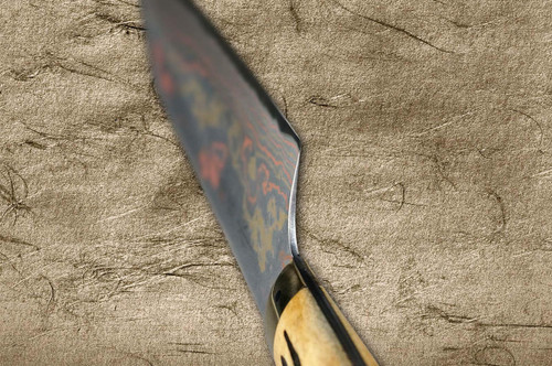 Takeshi Saji Aogami Colored Damascus Nashiji DHM Japanese Chef's Bunka Knife 180mm with Brown Antler Handle 