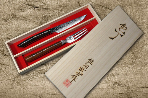 Takeshi Saji R2 Diamond Finish Damascus IRN Japanese Chef's Steak Knife and Fork SET with Desert Ironwood Handle 