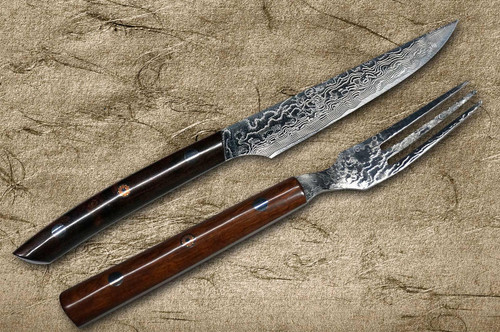 Takeshi Saji R2 Diamond Finish Damascus IRN Japanese Chef's Steak Knife and Fork SET with Desert Ironwood Handle 