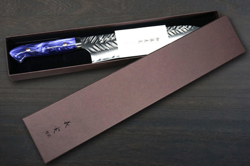 Yoshimi Kato R2 Bamboo-Hammered Japanese Chef's Gyuto Knife 240mm with Purple-White Resin Custom Handle 