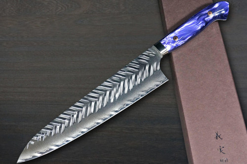Yoshimi Kato R2 Bamboo-Hammered Japanese Chef's Gyuto Knife 240mm with Purple-White Resin Custom Handle 