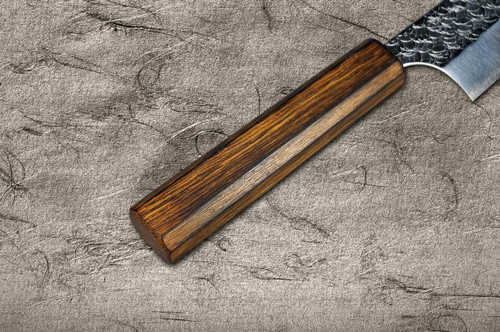 Yoshimi Kato R2 MINAMO Hammered OK8B Japanese Chef's Kengata-Gyuto Knife 210mm with Urushi Lacquered Oak Handle Dark Brown 