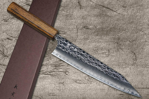 Yoshimi Kato R2 MINAMO Hammered OK8B Japanese Chef's Kengata-Gyuto Knife 210mm with Urushi Lacquered Oak Handle Dark Brown 